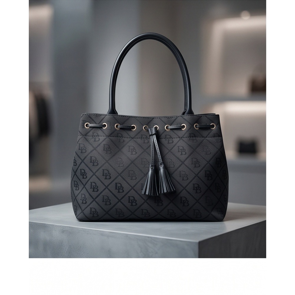 Dooney & Bourke Y2K Signature Monogram Jacquard Cinch Drawstring Bucket Tote